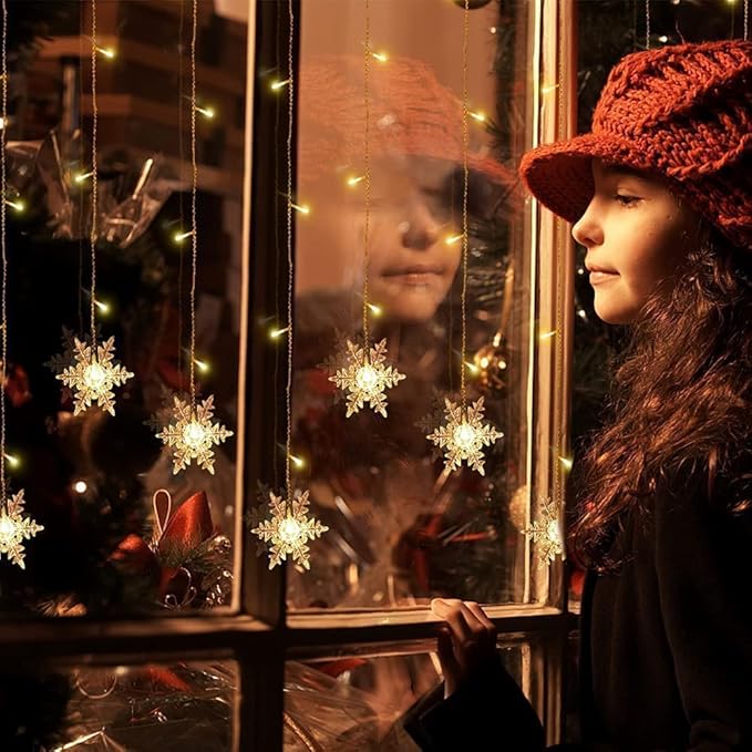 Snowflake Curtain String Lights Plug-in Window Curtain Lights with 8 Modes Decoration