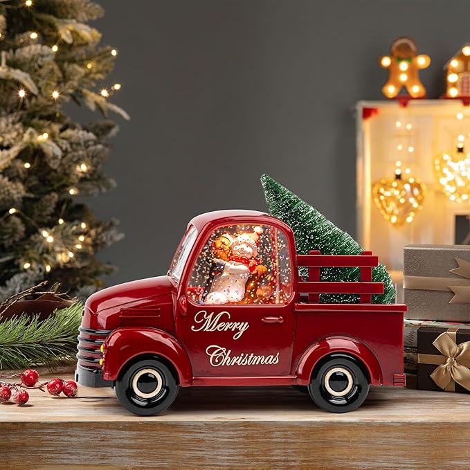Christmas Snow Water Lantern Glittering Snowman and Pup in Red Truck