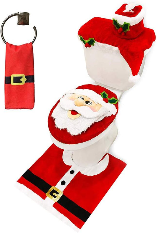 Christmas Theme Bathroom Decoration Set w/Toilet Seat Cover, Rugs, Tank Cover