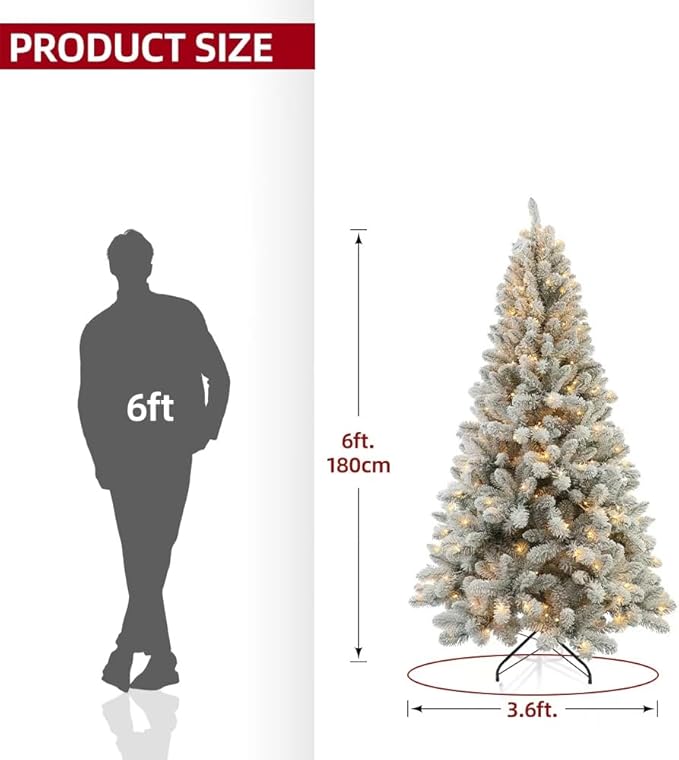 Christmas Tree with Lights 6ft - Premium Snow Flocked Artificial Xmas Tree.