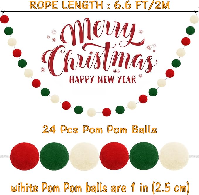 Christmas Pom Pom Garland Christmas Decorations for Tree Indoor Home Room Decor.