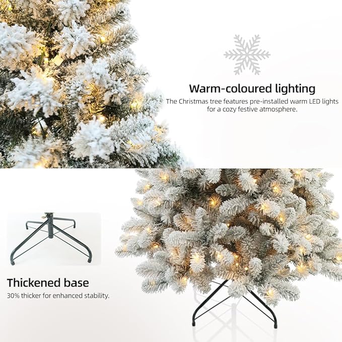Christmas Tree with Lights 6ft - Premium Snow Flocked Artificial Xmas Tree.