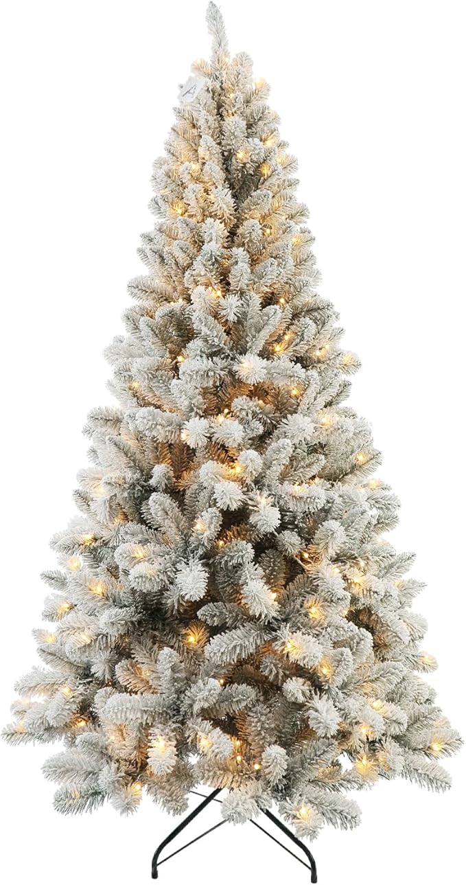 Christmas Tree with Lights 6ft - Premium Snow Flocked Artificial Xmas Tree.