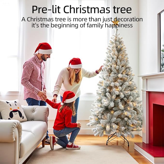 Christmas Tree with Lights 6ft - Premium Snow Flocked Artificial Xmas Tree.