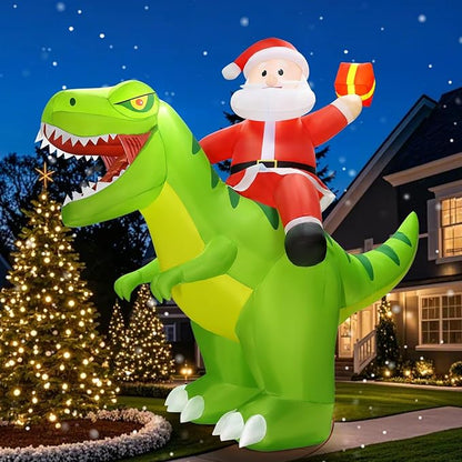 Santa Riding Giant Dinosaur Christmas Blow Up Yard Decoration