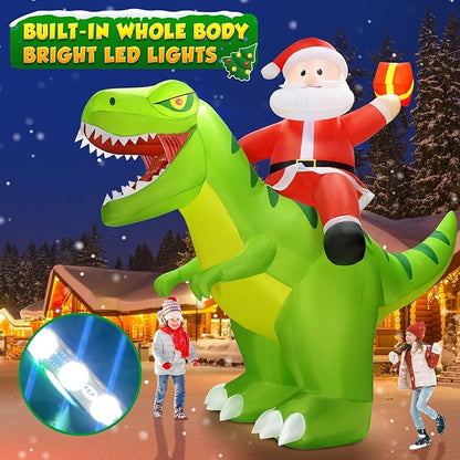 Santa Riding Giant Dinosaur Christmas Blow Up Yard Decoration