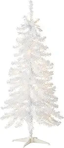 Lit Mini Artificial Christmas Tree, White Iridescent Tinsel.