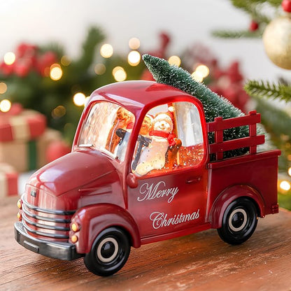 Christmas Snow Water Lantern Glittering Snowman and Pup in Red Truck