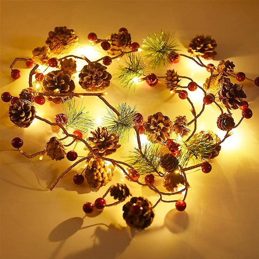 Christmas PineCones String Lights Needles Red Berries