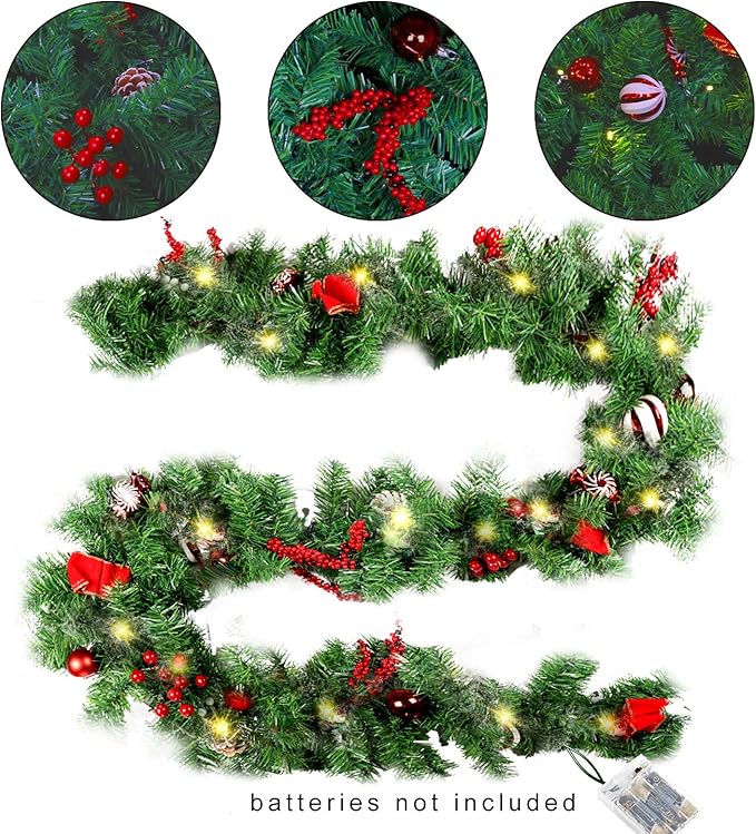 Christmas Garland with Pinecones Red Berries Bows Christmas Balls.