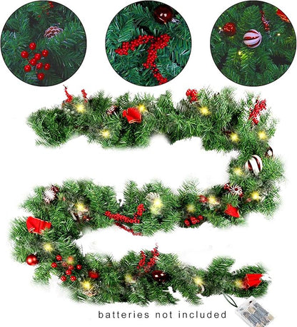 Christmas Garland with Pinecones Red Berries Bows Christmas Balls.