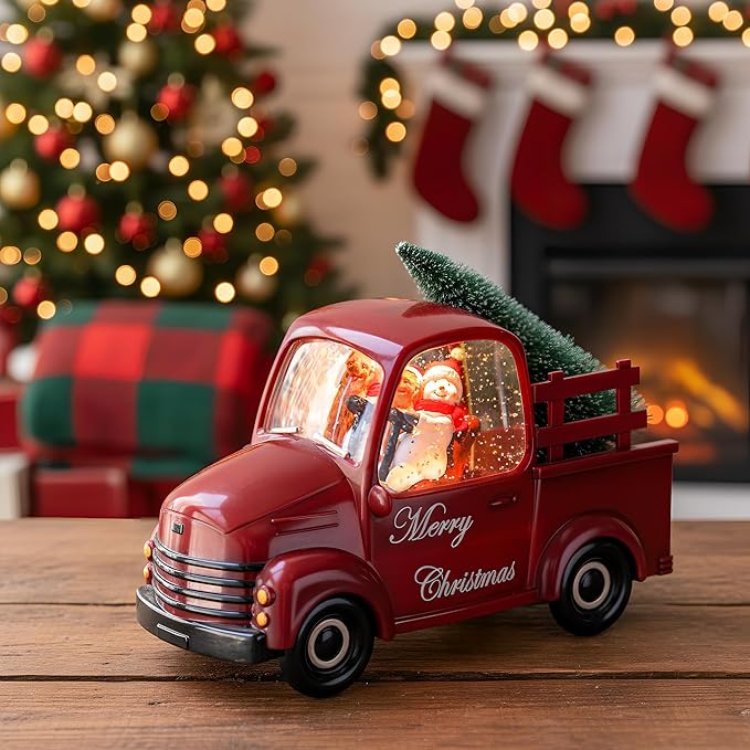 Christmas Snow Water Lantern Glittering Snowman and Pup in Red Truck
