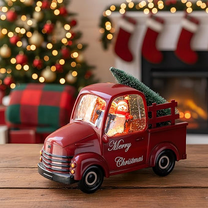 Christmas Snow Water Lantern Glittering Snowman and Pup in Red Truck