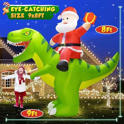Santa Riding Giant Dinosaur Christmas Blow Up Yard Decoration