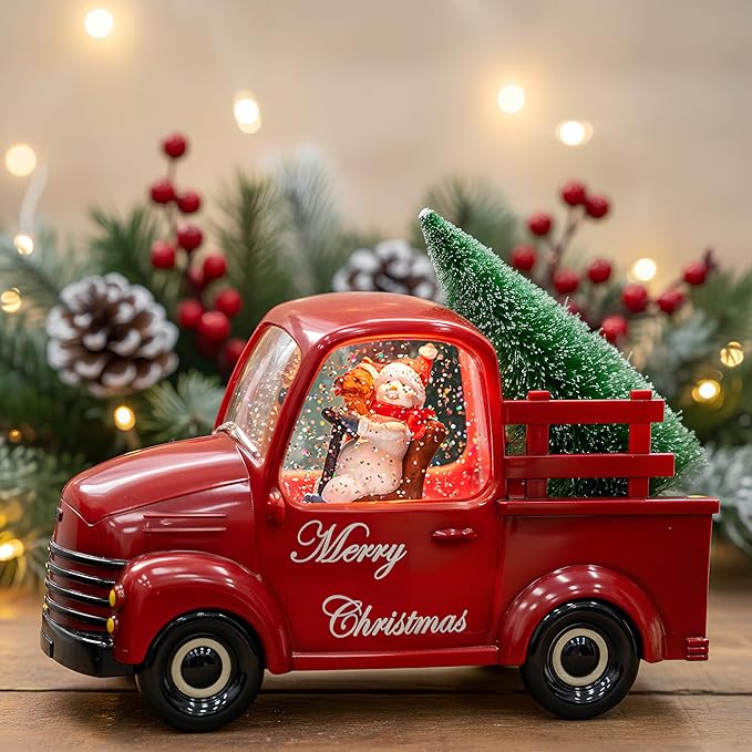 Christmas Snow Water Lantern Glittering Snowman and Pup in Red Truck