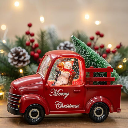 Christmas Snow Water Lantern Glittering Snowman and Pup in Red Truck