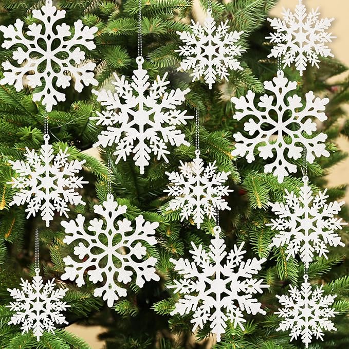 Snowflake Ornaments for Tree, Plastic Glitter White Snow Flakes