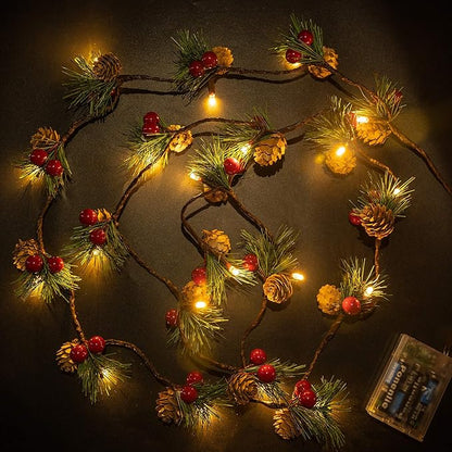 Christmas PineCones String Lights Needles Red Berries